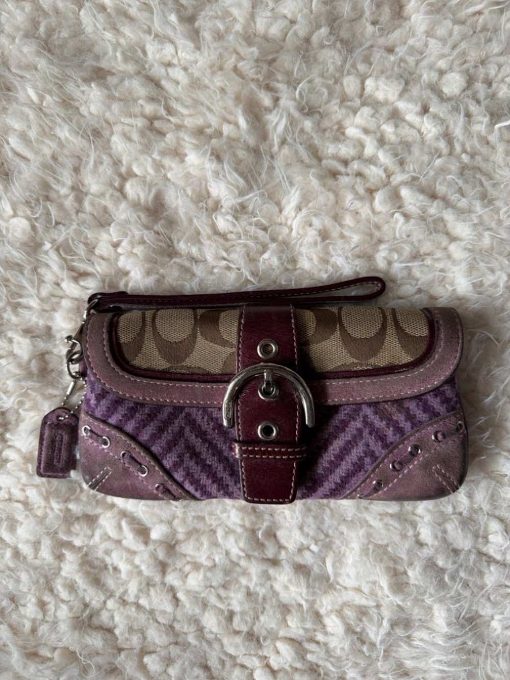 Vintage Coach Purple Herringbone Wool Wristlet - Y2K Suede Bow